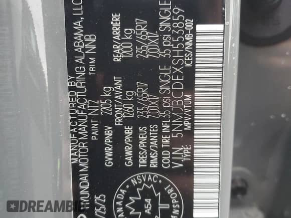 2025 Hyundai Tucson SEL with VIN 5NMJBCDEXSH553859, listed as a Copart auction lot 89507735 with 12,048 mi miles and Salvage title. Bid and sale history available at DreamBid. Image 14.