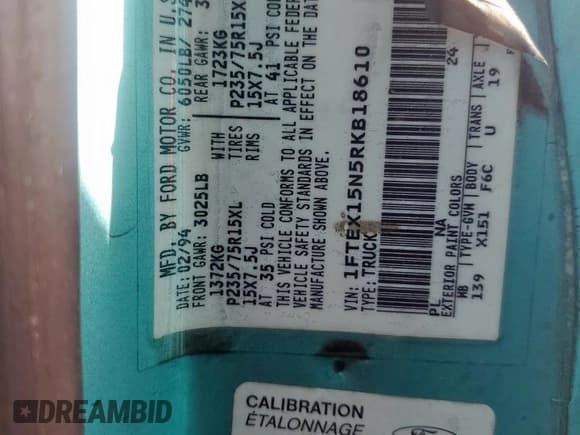 ✅ 1994 Ford F-150 • VIN: 1FTEX15N5RKB18610 • Lot: 58491115. Listed on Copart with 263,185 mi. Free auction sales archive from the USA and detailed vehicle history report at DreamBid. Image 12.