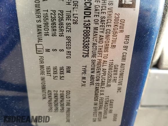 ✅ 2008 Chevrolet Equinox LS • VIN: 2CNDL13F886338775 • Lot: 64091805. Listed on Copart with Not provided. Free auction sales archive from the USA and detailed vehicle history report at DreamBid. Image 12.