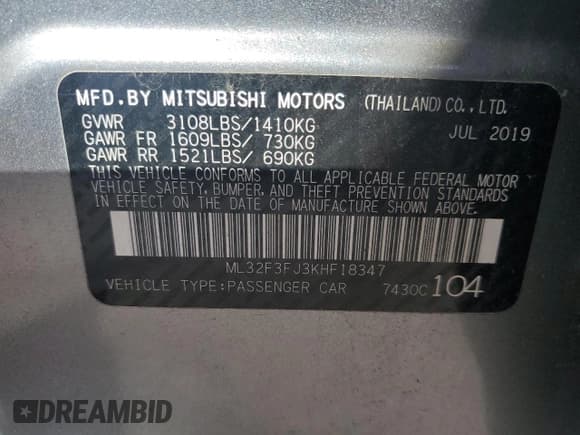 ✅ 2019 Mitsubishi Mirage ES • VIN: ML32F3FJ3KHF18347 • Lot: 85696755. Listed on Copart with 25,222 mi. Free auction sales archive from the USA and detailed vehicle history report at DreamBid. Image 12.