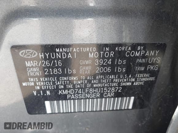 ✅ 2017 Hyundai Elantra SE • VIN: KMHD74LF8HU152872 • Lot: 43604963. Listed on IAAI with 108,815 mi. Free auction sales archive from the USA and detailed vehicle history report at DreamBid. Image 9.