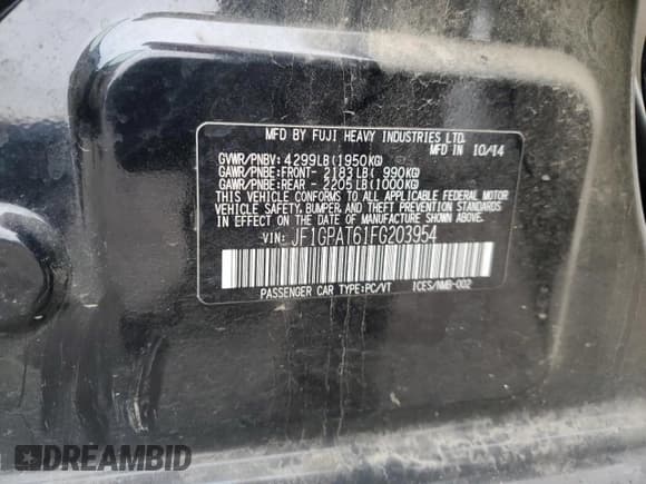 ✅ 2015 Subaru Impreza Special Sports Premium • VIN: JF1GPAT61FG203954 • Lot: 91304665. Listed on Copart with 115,568 mi. Free auction sales archive from the USA and detailed vehicle history report at DreamBid. Image 12.