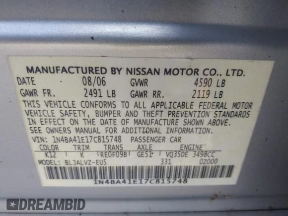 ✅ 2007 Nissan Maxima SE • VIN: 1N4BA41E17C815748 • Lot: 42701936. Wystawiony na IAAI z przebiegiem 143 707 mil. Bezpłatny archiwum sprzedaży aukcyjnych z USA i szczegółowy raport historii pojazdu na DreamBid. Zdjęcie 9.