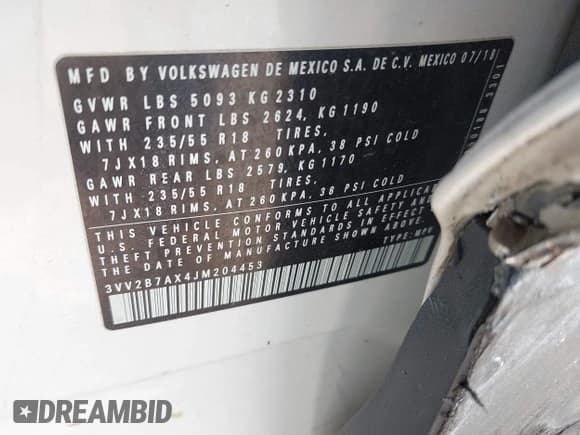 ✅ 2018 Volkswagen Tiguan SEL • VIN: 3VV2B7AX4JM204453 • Lot: 42986617. Listed on IAAI with 89,929 mi. Free auction sales archive from the USA and detailed vehicle history report at DreamBid. Image 9.