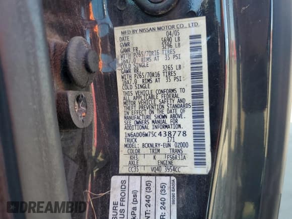 ✅ 2005 Nissan Frontier LE • VIN: 1N6AD06W75C438778 • Lot: 62427405. Listed on Copart with 157,920 mi. Free auction sales archive from the USA and detailed vehicle history report at DreamBid. Image 12.