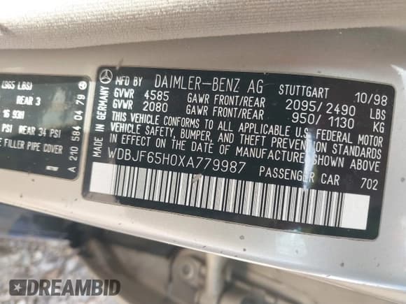 ✅ 1999 Mercedes-Benz E 320 • VIN: WDBJF65H0XA779987 • Lot: 42588958. Listed on IAAI with Not provided. Free auction sales archive from the USA and detailed vehicle history report at DreamBid. Image 9.