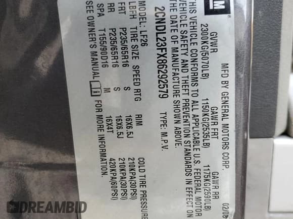 ✅ 2008 Chevrolet Equinox LS • VIN: 2CNDL23FX86292579 • Лот: 48788965. Опубликован ранее на Copart с пробегом 212 481 миль. Бесплатный доступ к архиву аукционных продаж из США и подробный отчёт об истории автомобиля на DreamBid. Изображение 14.