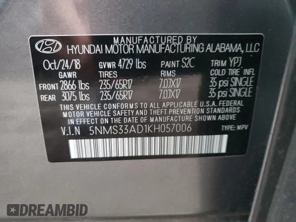 ✅ 2019 Hyundai Santa Fe SEL • VIN: 5NMS33AD1KH057006 • Lot: 39103613. Listed on Copart with 57,351 mi. Free auction sales archive from the USA and detailed vehicle history report at DreamBid. Image 12.