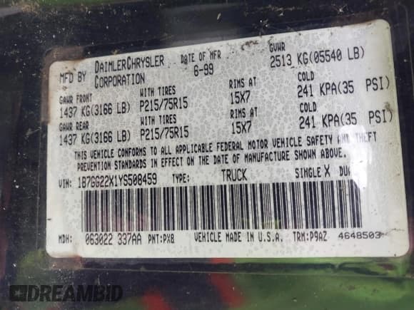 ✅ 2000 Dodge Dakota • VIN: 1B7GG22X1YS508459 • Лот: 43657904. Опубликован ранее на IAAI с пробегом 240 025 миль. Бесплатный доступ к архиву аукционных продаж из США и подробный отчёт об истории автомобиля на DreamBid. Изображение 9.
