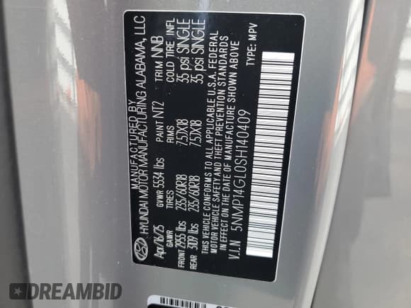 ✅ 2025 Hyundai Santa Fe SE • VIN: 5NMP14GL0SH140409 • Lot: 80474315. Listed on Copart with 12,429 mi. Free auction sales archive from the USA and detailed vehicle history report at DreamBid. Image 13.