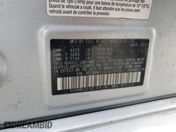 ✅ 2012 Subaru Legacy Premium • VIN: 4S3BMAC63C1015433 • Lot: 50914025. Listed on Copart with 135,944 mi. Free auction sales archive from the USA and detailed vehicle history report at DreamBid. Image 15.