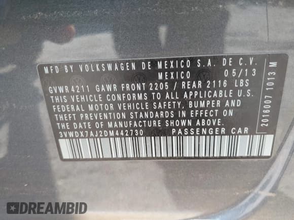 ✅ 2013 Volkswagen Jetta SE • VIN: 3VWDX7AJ2DM442730 • Lot: 42754695. Listed on IAAI with 103,445 mi. Free auction sales archive from the USA and detailed vehicle history report at DreamBid. Image 9.