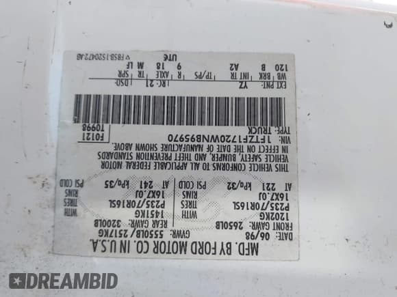 ✅ 1998 Ford F-150 • VIN: 1FTZF1720WNB95970 • Lot: 43591109. Wystawiony na IAAI z przebiegiem 190 321 mil. Bezpłatny archiwum sprzedaży aukcyjnych z USA i szczegółowy raport historii pojazdu na DreamBid. Zdjęcie 9.