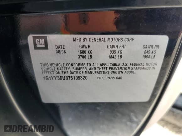 2007 Chevrolet Corvette with VIN 1G1YY36U875105320, listed as a Copart auction lot 79494094 with Not provided miles and Salvage title. Bid and sale history available at DreamBid. Image 13.