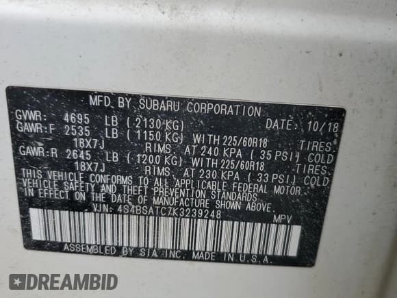 ✅ 2019 Subaru Outback Touring • VIN: 4S4BSATC7K3239248 • Lot: 60144395. Listed on Copart with 120,816 mi. Free auction sales archive from the USA and detailed vehicle history report at DreamBid. Image 12.