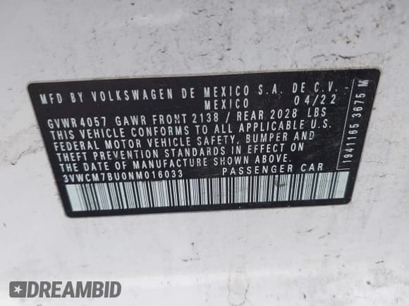 ✅ 2022 Volkswagen Jetta S • VIN: 3VWCM7BU0NM016033 • Lot: 42213689. Wystawiony na IAAI z przebiegiem 59 631 mil. Bezpłatny archiwum sprzedaży aukcyjnych z USA i szczegółowy raport historii pojazdu na DreamBid. Zdjęcie 9.