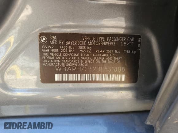 ✅ 2011 BMW 3 Series 328i • VIN: WBAPH7C52BE851808 • Lot: 82365655. Listed on Copart with 109,239 mi. Free auction sales archive from the USA and detailed vehicle history report at DreamBid. Image 12.