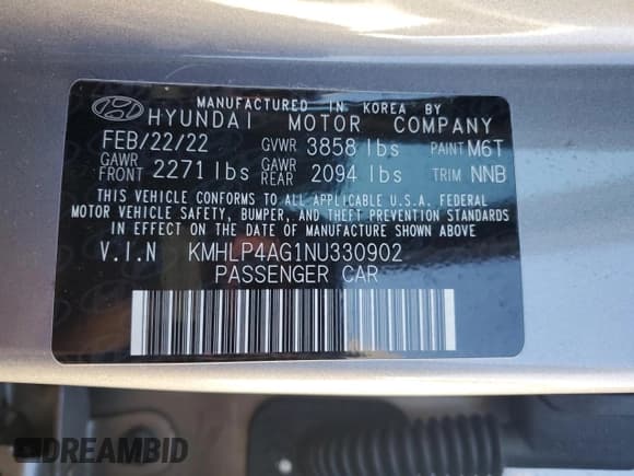 ✅ 2022 Hyundai Elantra Limited • VIN: KMHLP4AG1NU330902 • Lot: 85849035. Listed on Copart with 60,088 mi. Free auction sales archive from the USA and detailed vehicle history report at DreamBid. Image 13.