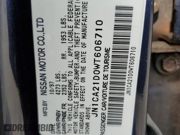 ✅ 1998 Nissan Maxima GXE • VIN: JN1CA21D0WT606710 • Lot: 68712604. Listed on Copart with 27,670 mi. Free auction sales archive from the USA and detailed vehicle history report at DreamBid. Image 12.