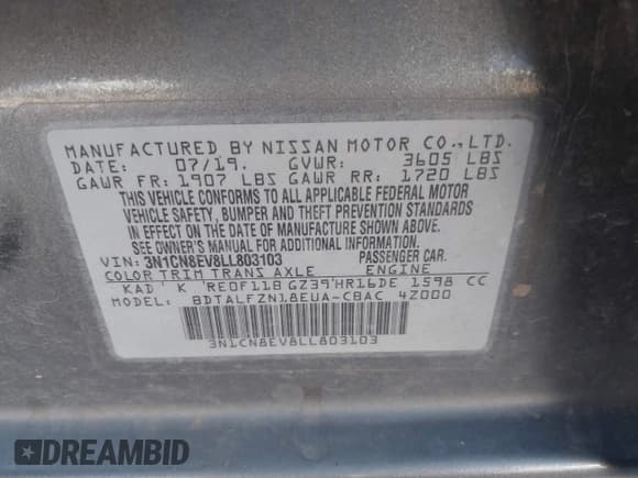 ✅ 2020 Nissan Versa SV • VIN: 3N1CN8EV8LL803103 • Lot: 43130552. Wystawiony na IAAI z przebiegiem 138 683 mil. Bezpłatny archiwum sprzedaży aukcyjnych z USA i szczegółowy raport historii pojazdu na DreamBid. Zdjęcie 9.