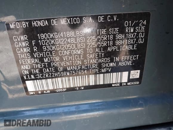 ✅ 2024 Honda HR-V Sport • VIN: 3CZRZ2H59RM757654 • Lot: 41992927. Listed on IAAI with 20,486 mi. Free auction sales archive from the USA and detailed vehicle history report at DreamBid. Image 9.