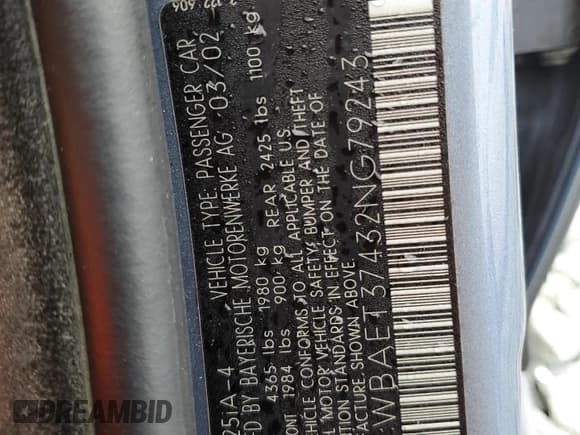 ✅ 2002 BMW 3 Series 325i • VIN: WBAET37432NG79243 • Lot: 58827565. Wystawiony na Copart z przebiegiem 169 028 mil. Bezpłatny archiwum sprzedaży aukcyjnych z USA i szczegółowy raport historii pojazdu na DreamBid. Zdjęcie 12.