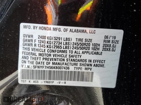 ✅ 2019 Honda Passport EX-L • VIN: 5FNYF7H56KB007436 • Lot: 54923615. Listed on Copart with 110,181 mi. Free auction sales archive from the USA and detailed vehicle history report at DreamBid. Image 12.