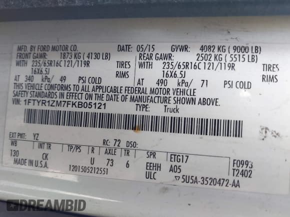 ✅ 2015 Ford Transit Cargo • VIN: 1FTYR1ZM7FKB05121 • Лот: 41461900. Опубликован ранее на IAAI с пробегом 190 821 миль. Бесплатный доступ к архиву аукционных продаж из США и подробный отчёт об истории автомобиля на DreamBid. Изображение 9.