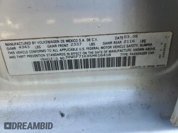 ✅ 2005 Volkswagen Jetta 2.5L • VIN: 3VWSF71KX5M616418 • Lot: 53319595. Listed on Copart with 279,284 mi. Free auction sales archive from the USA and detailed vehicle history report at DreamBid. Image 12.