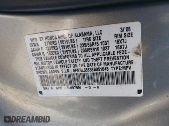 ✅ 2008 Honda Odyssey EX-L • VIN: 5FNRL38638B051045 • Lot: 43423556. Wystawiony na IAAI z przebiegiem 243 183 mil. Bezpłatny archiwum sprzedaży aukcyjnych z USA i szczegółowy raport historii pojazdu na DreamBid. Zdjęcie 9.