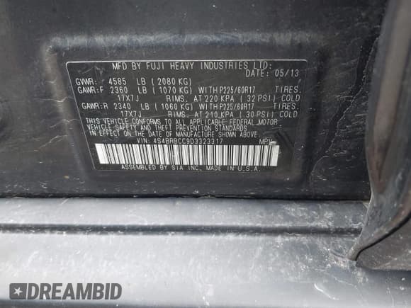 ✅ 2013 Subaru Outback Premium • VIN: 4S4BRBCC9D3323317 • Lot: 42303328. Listed on IAAI with 199,802 mi. Free auction sales archive from the USA and detailed vehicle history report at DreamBid. Image 9.