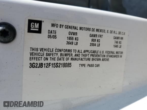 ✅ 2005 Pontiac Sunfire • VIN: 3G2JB12F15S218085 • Лот: 68662434. Опубликован ранее на Copart с пробегом 117 452 миль. Бесплатный доступ к архиву аукционных продаж из США и подробный отчёт об истории автомобиля на DreamBid. Изображение 12.