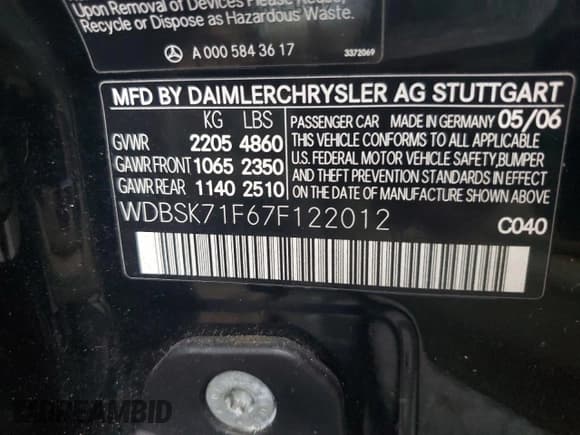 ✅ 2007 Mercedes-Benz SL 550 • VIN: WDBSK71F67F122012 • Лот: 73844784. Опубликован ранее на Copart с пробегом Не указан. Бесплатный доступ к архиву аукционных продаж из США и подробный отчёт об истории автомобиля на DreamBid. Изображение 13.