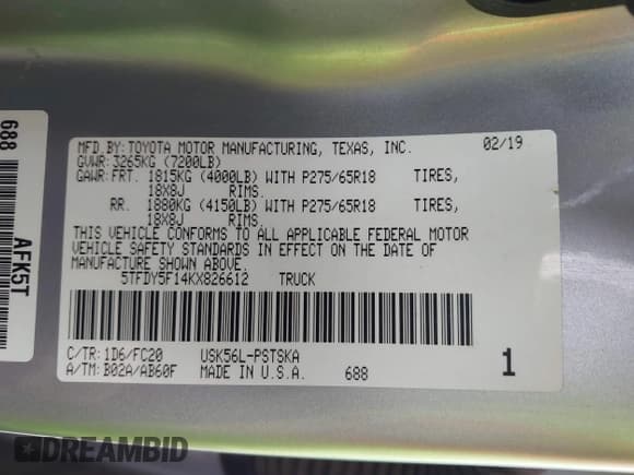 ✅ 2019 Toyota Tundra SR5 • VIN: 5TFDY5F14KX826612 • Лот: 43715910. Опубликован ранее на IAAI с пробегом Не указан. Бесплатный доступ к архиву аукционных продаж из США и подробный отчёт об истории автомобиля на DreamBid. Изображение 9.