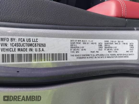2021 Dodge Durango R/T with VIN 1C4SDJCT6MC879260, listed as a IAAI auction lot 42709837 with 59,646 mi miles and . Bid and sale history available at DreamBid. Image 9.