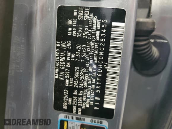 ✅ 2022 Kia Telluride S • VIN: 5XYP6DHC0NG283455 • Lot: 69960745. Listed on Copart with 59,157 mi. Free auction sales archive from the USA and detailed vehicle history report at DreamBid. Image 14.