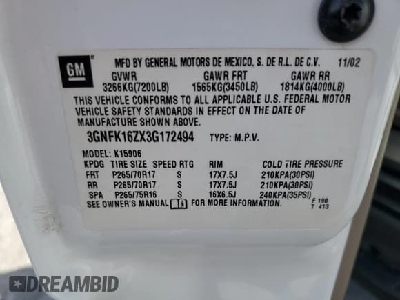 ✅ 2003 Chevrolet Suburban LS • VIN: 3GNFK16ZX3G172494 • Лот: 62186325. Опубликован ранее на Copart с пробегом 124 503 миль. Бесплатный доступ к архиву аукционных продаж из США и подробный отчёт об истории автомобиля на DreamBid. Изображение 13.