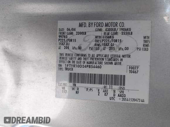 ✅ 2004 Ford Ranger XL • VIN: 1FTYR10D34PB54460 • Lot: 43916889. Listed on IAAI with 131,025 mi. Free auction sales archive from the USA and detailed vehicle history report at DreamBid. Image 9.