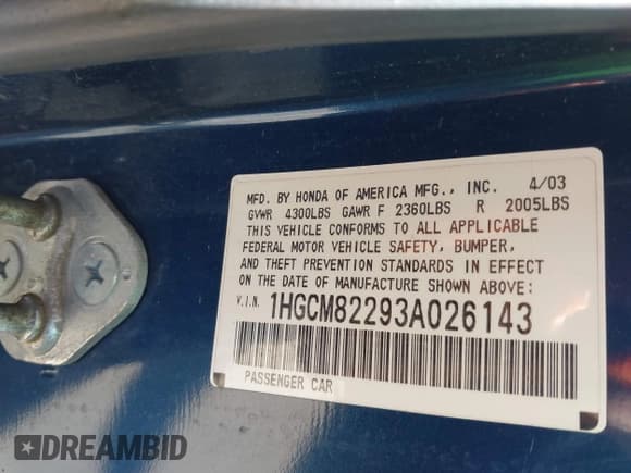 ✅ 2003 Honda Accord LX • VIN: 1HGCM82293A026143 • Lot: 43362563. Wystawiony na IAAI z przebiegiem 223 731 mil. Bezpłatny archiwum sprzedaży aukcyjnych z USA i szczegółowy raport historii pojazdu na DreamBid. Zdjęcie 9.
