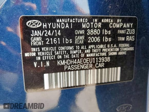 2014 Hyundai Elantra SE z VIN KMHDH4AE0EU113938, wystawiony jako Copart lot #70394065 z przebiegiem 90 020 mil mil oraz Szkoda całkowita • Salvage title. Historia ofert i sprzedaży dostępna na DreamBid. Obrazek 12.