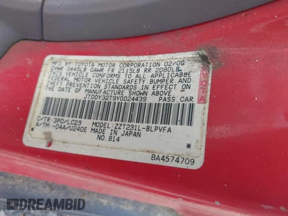 ✅ 2000 Toyota Celica GTS • VIN: JTDDY32T9Y0024439 • Lot: 42401573. Wystawiony na IAAI z przebiegiem Nie podano. Bezpłatny archiwum sprzedaży aukcyjnych z USA i szczegółowy raport historii pojazdu na DreamBid. Zdjęcie 9.