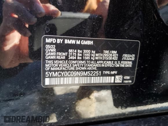 ✅ 2022 BMW X6 M • VIN: 5YMCY0C09N9M52251 • Лот: 82553923. Опубликован ранее на Copart с пробегом Не указан. Бесплатный доступ к архиву аукционных продаж из США и подробный отчёт об истории автомобиля на DreamBid. Изображение 14.