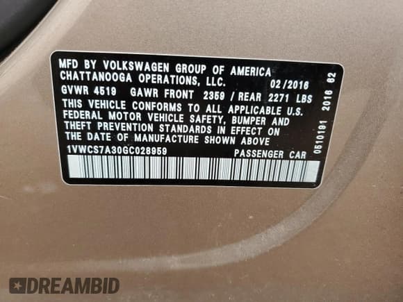 ✅ 2016 Volkswagen Passat SEL Premium • VIN: 1VWCS7A30GC028959 • Lot: 82275165. Listed on Copart with 97,505 mi. Free auction sales archive from the USA and detailed vehicle history report at DreamBid. Image 12.