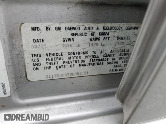 ✅ 2008 Chevrolet Aveo LS • VIN: KL1TD66678B096121 • Lot: 49073375. Wystawiony na Copart z przebiegiem 117 113 mil. Bezpłatny archiwum sprzedaży aukcyjnych z USA i szczegółowy raport historii pojazdu na DreamBid. Zdjęcie 13.