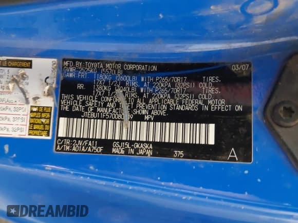 ✅ 2007 Toyota FJ Cruiser • VIN: JTEBU11F570080049 • Лот: 42873208. Опубликован ранее на IAAI с пробегом 255 743 миль. Бесплатный доступ к архиву аукционных продаж из США и подробный отчёт об истории автомобиля на DreamBid. Изображение 9.