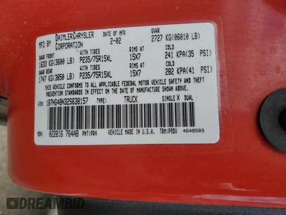 ✅ 2002 Dodge Dakota SLT • VIN: 1B7HG48N32S638157 • Lot: 53399165. Wystawiony na Copart z przebiegiem 249 534 mil. Bezpłatny archiwum sprzedaży aukcyjnych z USA i szczegółowy raport historii pojazdu na DreamBid. Zdjęcie 12.