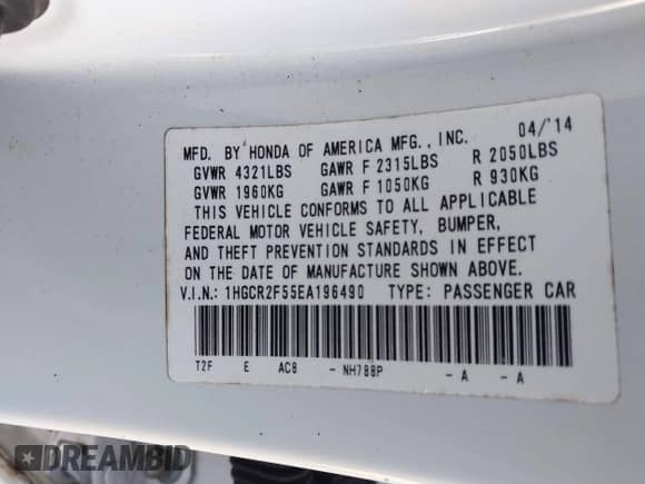 2014 Honda Accord Sport с VIN 1HGCR2F55EA196490, выставлен на аукционе IAAI как лот 43443283 с пробегом 190 646 миль миль и . История ставок и продаж доступна на DreamBid. Изображение 9.