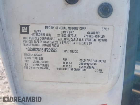 2001 Chevrolet Silverado 2500HD с VIN 1GCHK23161F209528, выставлен на аукционе IAAI как лот 43339276 с пробегом 211 500 миль миль и . История ставок и продаж доступна на DreamBid. Изображение 9.