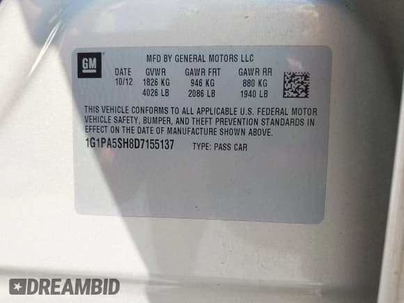 ✅ 2013 Chevrolet Cruze LS • VIN: 1G1PA5SH8D7155137 • Lot: 43170057. Listed on IAAI with 130,787 mi. Free auction sales archive from the USA and detailed vehicle history report at DreamBid. Image 9.