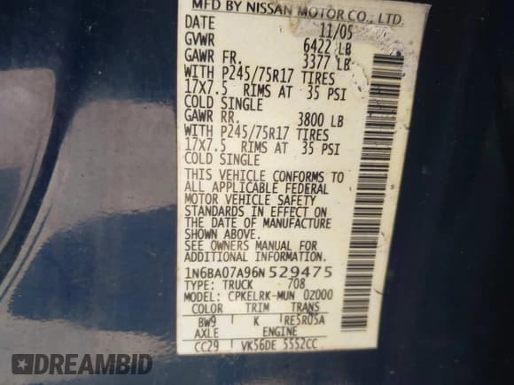 ✅ 2006 Nissan Titan SE • VIN: 1N6BA07A96N529475 • Лот: 43074051. Опубликован ранее на IAAI с пробегом 239 854 миль. Бесплатный доступ к архиву аукционных продаж из США и подробный отчёт об истории автомобиля на DreamBid. Изображение 9.